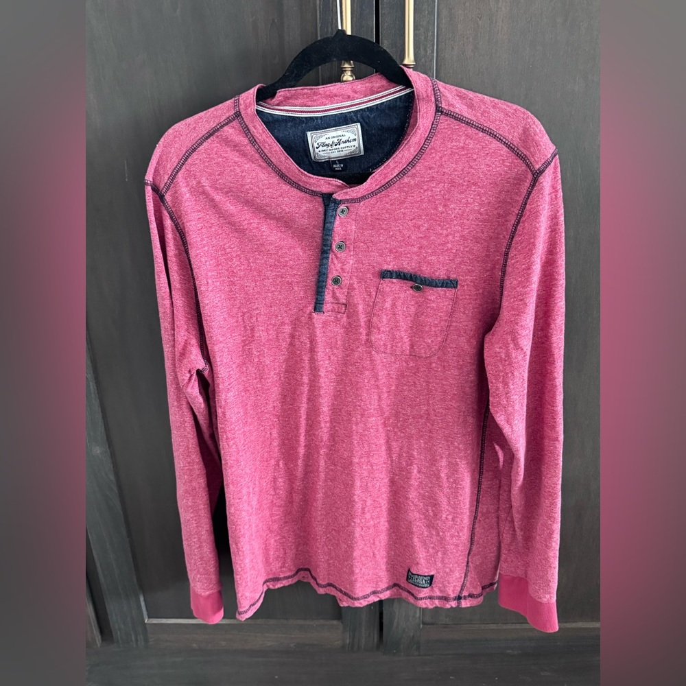 Men's Long Sleeve Henley with Chest Pocket - Pink